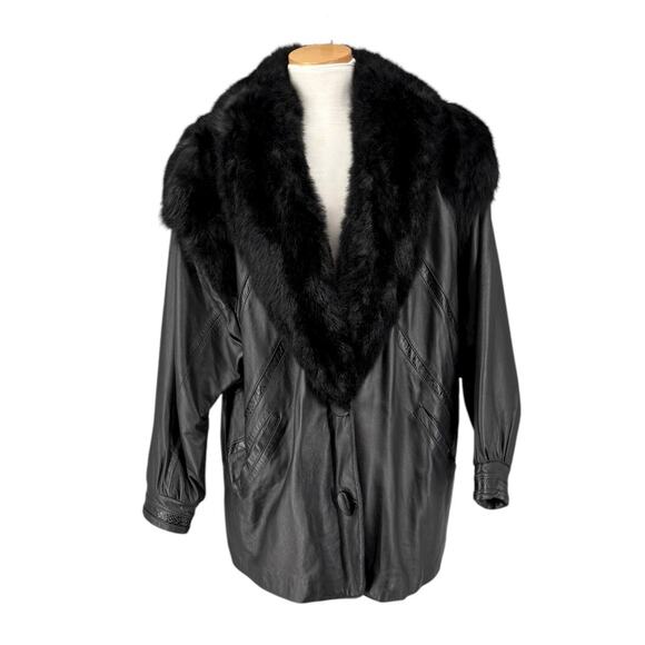 Vintage 80s J x Percy Marvin Richards Leather Coat Fur Collar Black Womens Large - Picture 2 of 16